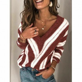 Suéter a rayas para mujer 2020 Moda de Primavera cuello en V de manga larga suéter de punto suelto manga de murciélago Pullover 