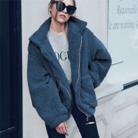 2019 Otoño Invierno mujer abrigo de piel de felpa gruesa cálida chaqueta de lana suave bolsillo cremallera prendas de vestir ext