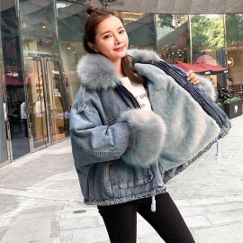 Abrigo de invierno cálido de piel sintética de cordero para mujer chaqueta de mezclilla de gran bolsillo chaquetas de mujer grue