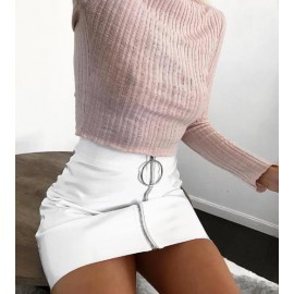 Faldas de verano para mujer moda sólida alta cintura círculo cremallera brillante cuero PU Mini Falda corta lápiz Mini falda 201